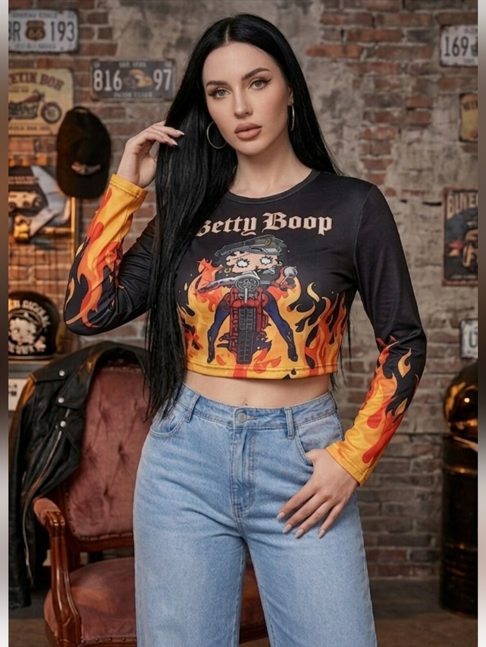 Betty Boop Flame Biker Mesh Long Sleeve Crop Top - Y2K Grunge Aesthetic Goth